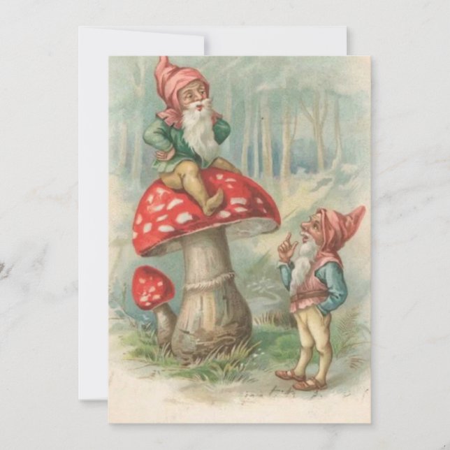 Cartes Pour Fêtes Annuelles Gnome de Noël Vintage assis sur un champignon (Devant)