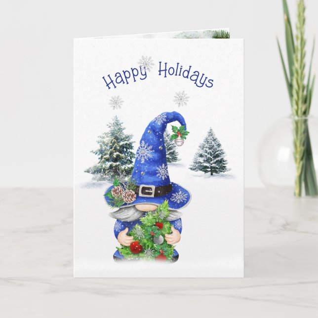 Cartes Pour Fêtes Annuelles Gnome d'hiver de Noël bleu avec arbre (Devant)