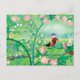 Cartes Pour Fêtes Annuelles Gnome jardiner, Blackbird, Hérisson et lapin blanc