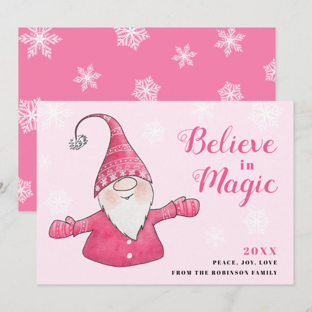 Cartes Pour Fêtes Annuelles Gnome rose mignon croire en Noël magique (Devant / Derrière)