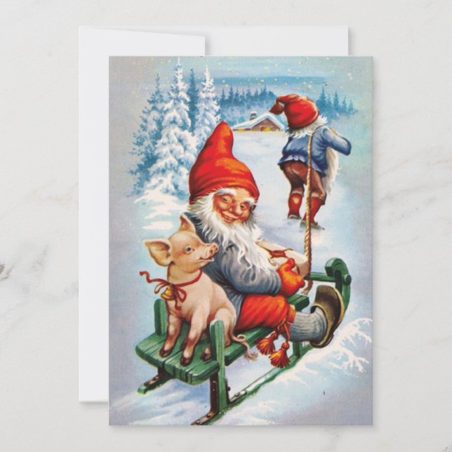 Cartes Pour Fêtes Annuelles Gnomes de Noël Vintage Tirer Le Cochon Dans La Mot (Devant)