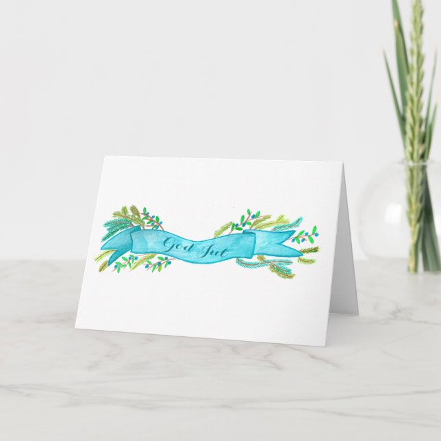 Cartes Pour Fêtes Annuelles God Jul, bannière de Noël suédoise, aquarelle (Devant)