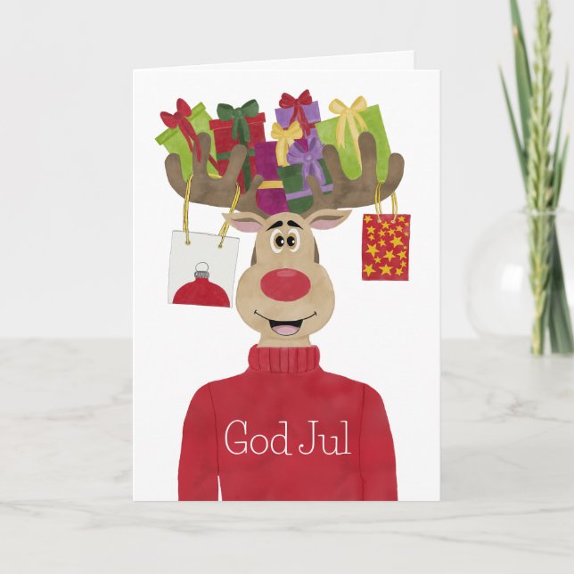 Cartes Pour Fêtes Annuelles God Jul, Suède Cadeaux de Noël Reindeer (Devant)