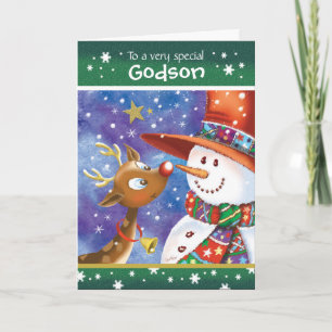 Cartes Pour Fêtes Annuelles Godson, Cute Reindeer et Snowman