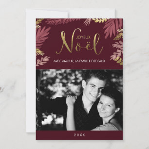 Cartes Pour Fêtes Annuelles Gold and Burgundy Leaves Joyeux Noël Photo