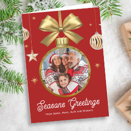 Cartes Pour Fêtes Annuelles Gold Bauble Family Photo, arrière - plan rouge