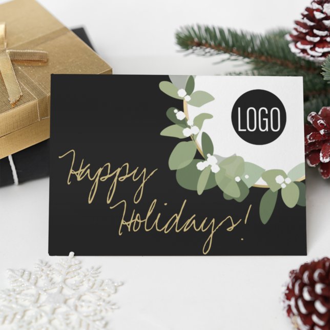 Cartes Pour Fêtes Annuelles Gold Black Modern Wreath Your Logo Company (Créateur téléchargé)