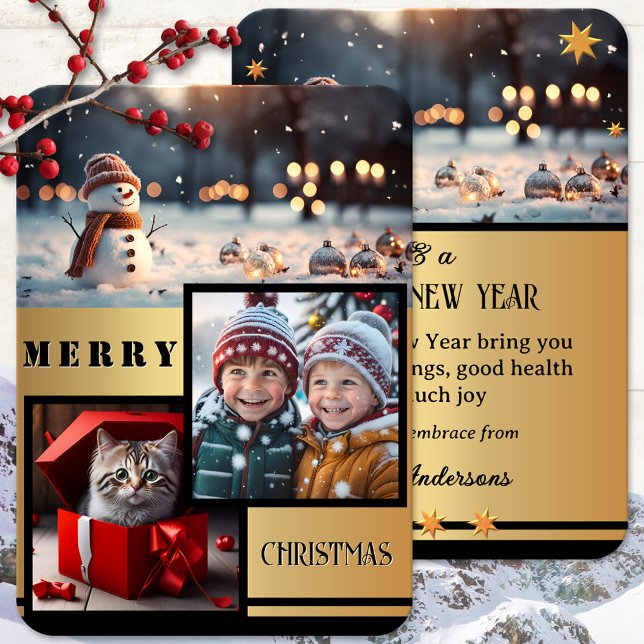Cartes Pour Fêtes Annuelles Gold Black Snowman Photo Noël (Elegant Christmas Holidays card featuring 2 custom photos on a gold and black snowman design)