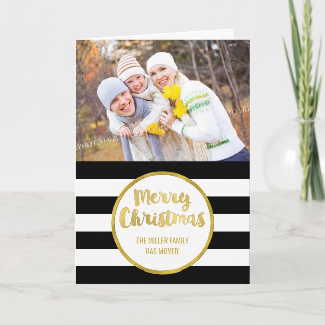 Cartes Pour Fêtes Annuelles Gold Black Stripes Joyeux Noël Nouvelle adresse (Devant)