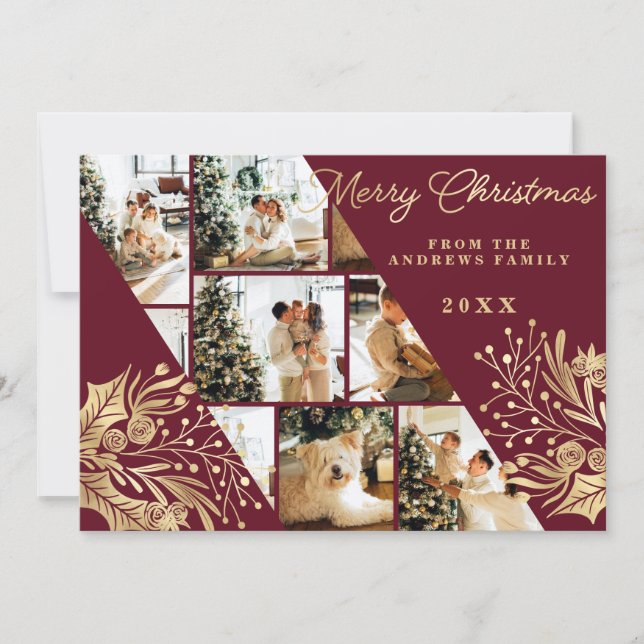 Cartes Pour Fêtes Annuelles Gold Burgundy Joyeux Noël Floral Photo Collage (Devant)