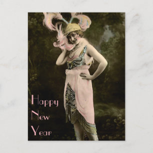 Cartes Pour Fêtes Annuelles Gold Cap and Big Pink Feathers New Year