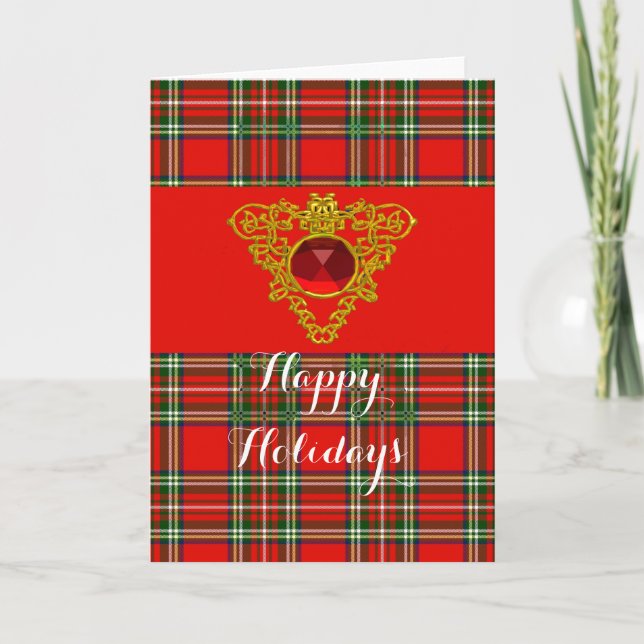 CARTES POUR FÊTES ANNUELLES GOLD CELTIC COEUR, RUBY, ROUGE VERT ÉCOSSE TARTAN (Devant)