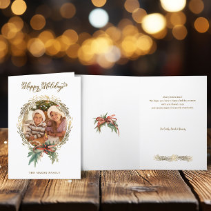 Cartes Pour Fêtes Annuelles Gold Christmas Wreath Happy Holidays Script Photo