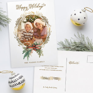 Cartes Pour Fêtes Annuelles Gold Christmas Wreath Happy Holidays Script Photo