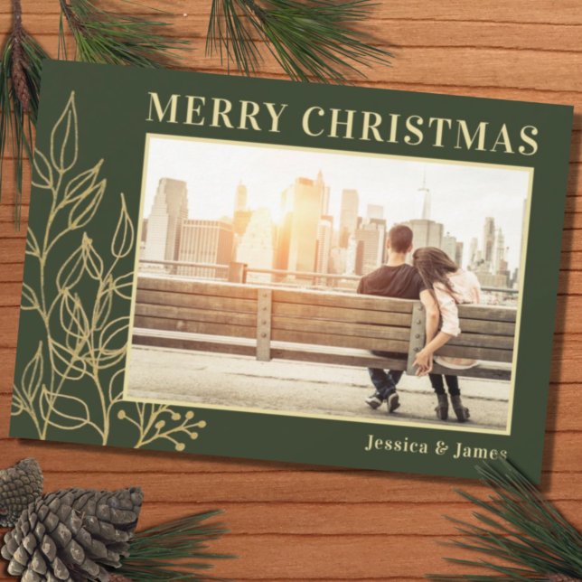 Cartes Pour Fêtes Annuelles Gold Foliage Green Photo Joyeux Noël (Créateur téléchargé)