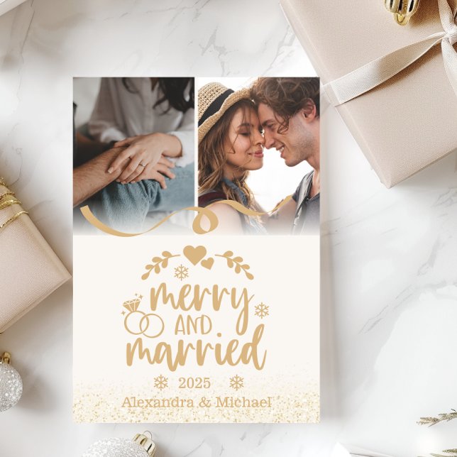 Cartes Pour Fêtes Annuelles Gold Glitter Merry and Married 2 Photo  (Créateur téléchargé)