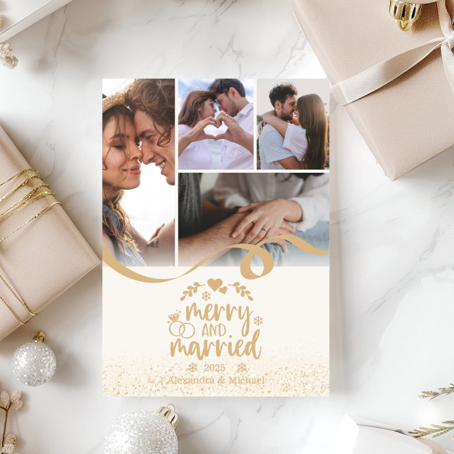 Cartes Pour Fêtes Annuelles Gold Glitter Merry and Married 5 Photo (Créateur téléchargé)
