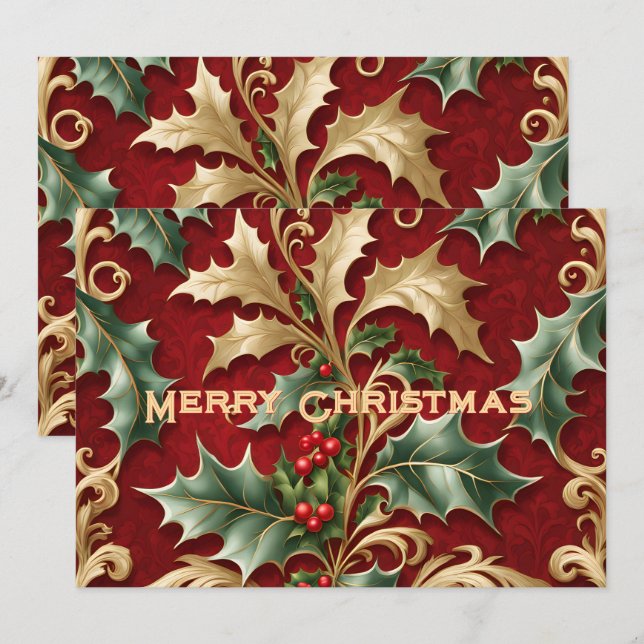 Cartes Pour Fêtes Annuelles Gold Green Feuilles Red Christmas Holiday Card (Devant / Derrière)