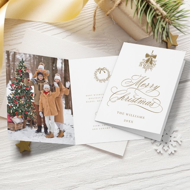 Cartes Pour Fêtes Annuelles Gold Holly Berry Bouquet Romantique Photo de Noël (Front & Inside)