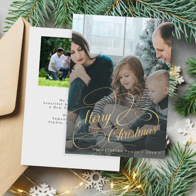 Cartes Pour Fêtes Annuelles Gold Joyeux Noël 2 photo de famille personnalisée (Créateur téléchargé)