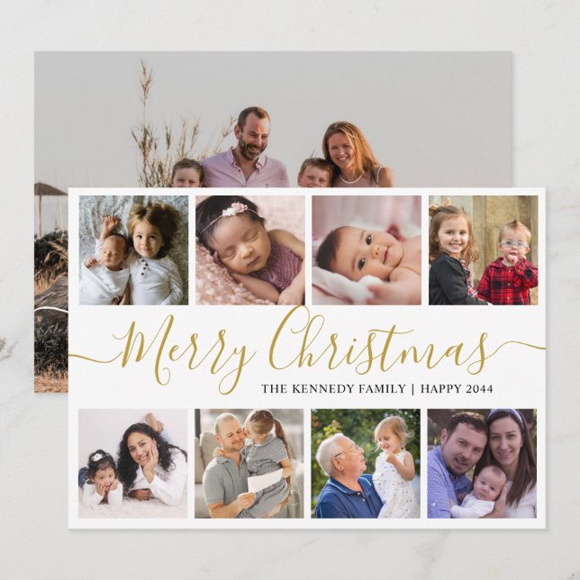 Cartes Pour Fêtes Annuelles Gold Joyeux Noël 9 Photo Collage (Devant / Derrière)