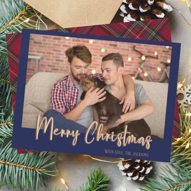 Cartes Pour Fêtes Annuelles Gold Joyeux Noël Bulles Lettres Plaid Marine (Créateur téléchargé)