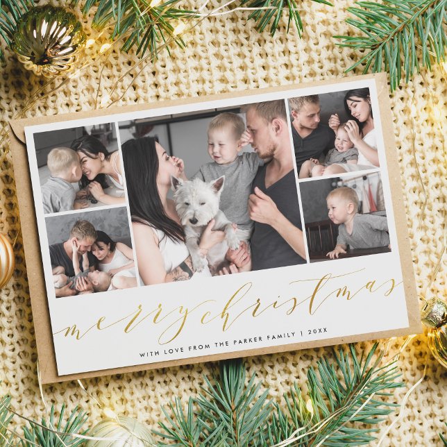 Cartes Pour Fêtes Annuelles Gold Joyeux Noël Cinq photos de vacances Photo (The Card Front Mock-up)