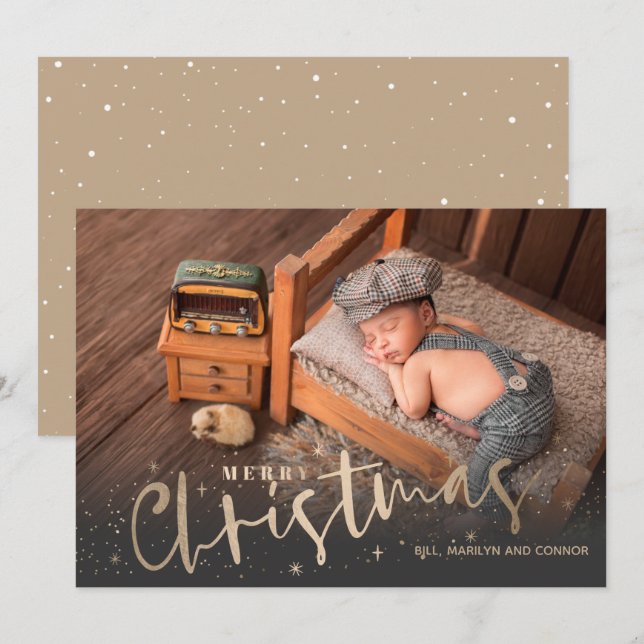 Cartes Pour Fêtes Annuelles Gold Joyeux Noël Photo Annonces de naissance (Devant / Derrière)