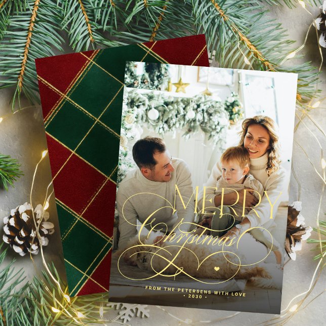 Cartes Pour Fêtes Annuelles Gold Joyeux Noël photo de famille élégante plaid (Créateur téléchargé)