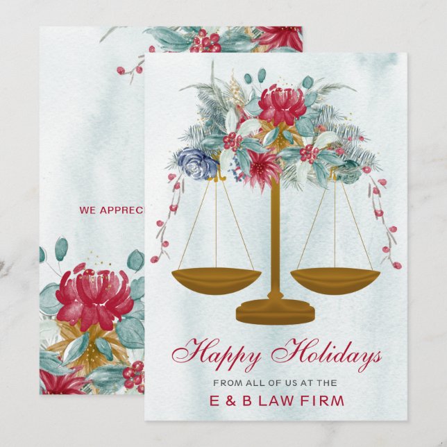 Cartes Pour Fêtes Annuelles Gold Justice Scale Holly Wreath Law Firme Christma (Devant / Derrière)