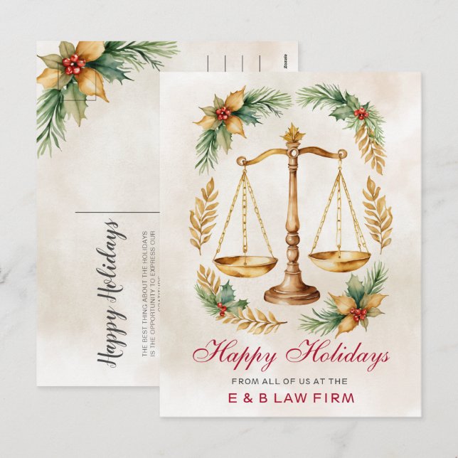 Cartes Pour Fêtes Annuelles Gold Justice Scale Holly Wreath Lawyer Christmas (Devant / Derrière)