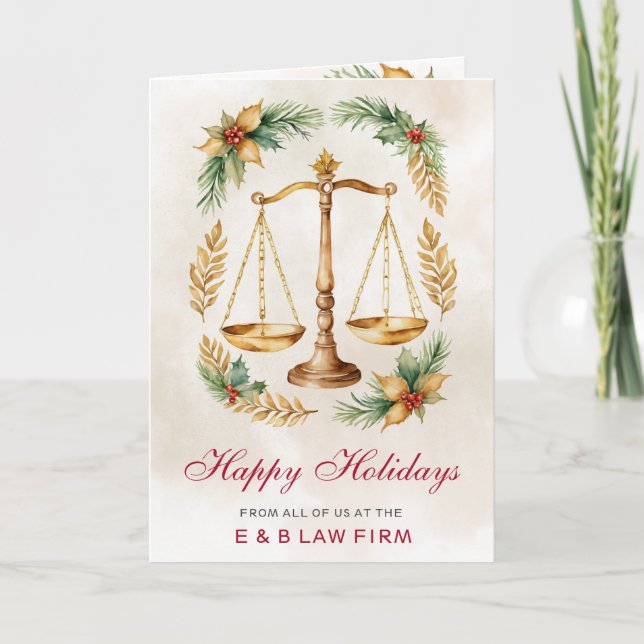 Cartes Pour Fêtes Annuelles Gold Justice Scale Holly Wreath Lawyer Christmas (Devant)