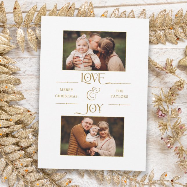 Cartes Pour Fêtes Annuelles Gold Love & Joy Typography 2-Photo (Créateur téléchargé)