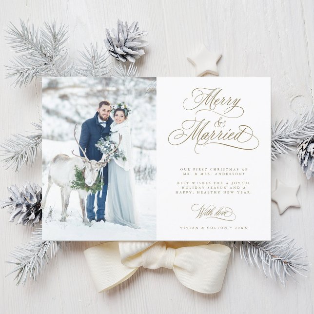 Cartes Pour Fêtes Annuelles Gold Merry & Marié Newly Weds Photo de Noël (Créateur téléchargé)
