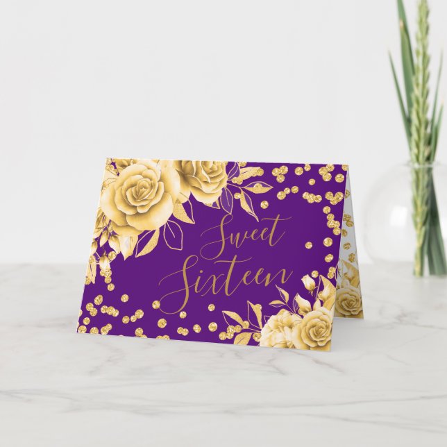 Cartes Pour Fêtes Annuelles Gold Purple Sweet 16 Parties scintillant Confetti  (Devant)