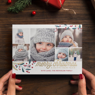 Cartes Pour Fêtes Annuelles Gold Red Berries 6 Photo Collage   Joyeux Noël