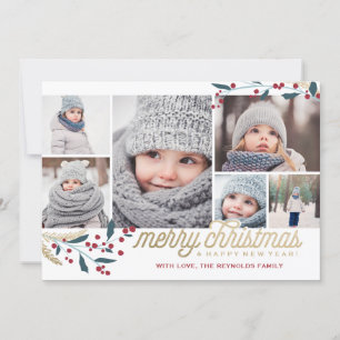 Cartes Pour Fêtes Annuelles Gold Red Berries 6 Photo Collage   Joyeux Noël