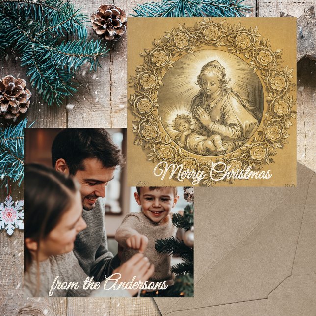 Cartes Pour Fêtes Annuelles Gold Religieux Famille chrétienne Photo Noël (Gold Baroque Elegant Religious Christian Catholic Custom Family Photo Christmas Holiday Season Card)