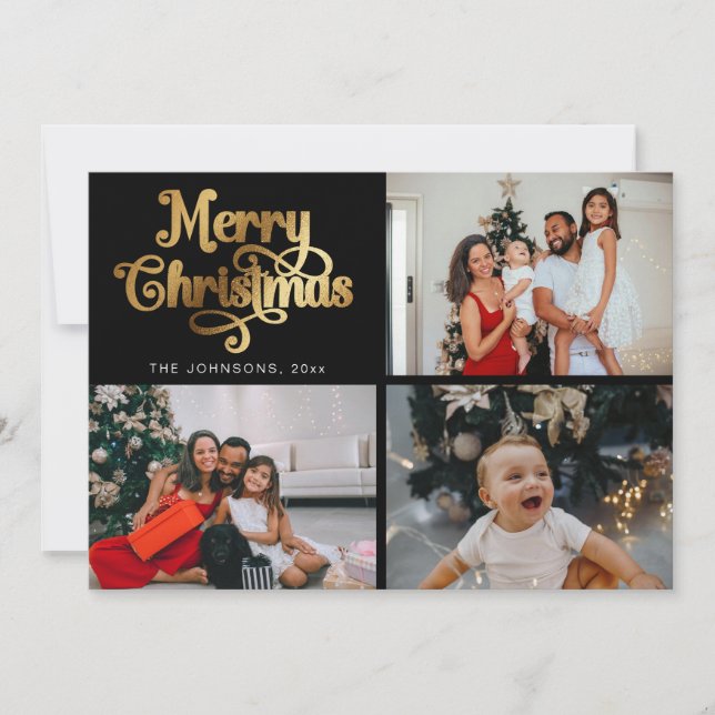 Cartes Pour Fêtes Annuelles Gold Retro Joyeux Noël Famille Photo Collage (Devant)