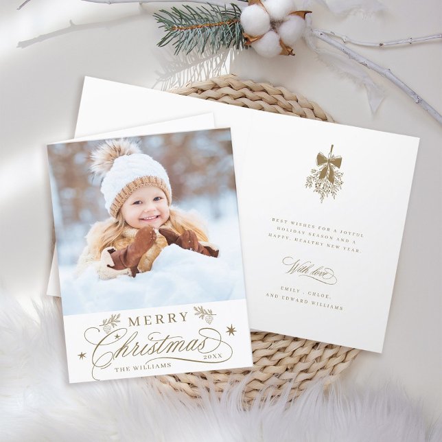 Cartes Pour Fêtes Annuelles Gold Romantique calligraphie Noël Photo pliée (Front & Back)