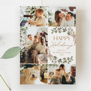 Cartes Pour Fêtes Annuelles Gold Script 5 Photo Happy Holidays Card