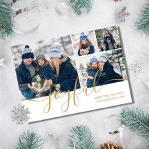 Gold Script Joyeux 4 Photo Christmas Holiday Card