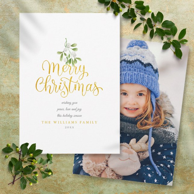 Cartes Pour Fêtes Annuelles Gold Script Joyeux Noël Mistletoe photo (Gold Script Merry Christmas Mistletoe Photo Holiday Card)