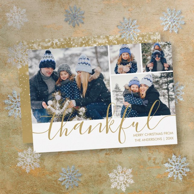 Cartes Pour Fêtes Annuelles Gold Script Merci 4 Photo Noël (Gold Script Thankful 4 Photo Christmas Holiday Card)
