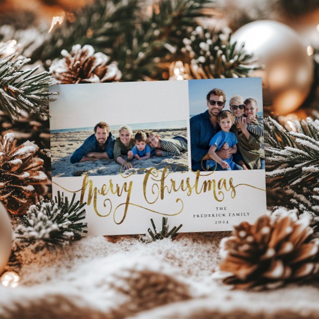 Cartes Pour Fêtes Annuelles Gold Script Merry Christmas Tartan Photo Card (Créateur téléchargé)
