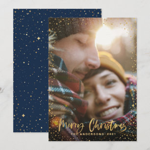 Cartes Pour Fêtes Annuelles Gold script Noël stars 1 photo bleu jour