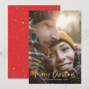 Cartes Pour Fêtes Annuelles Gold script Noël stars 1 photo rouge jour férié