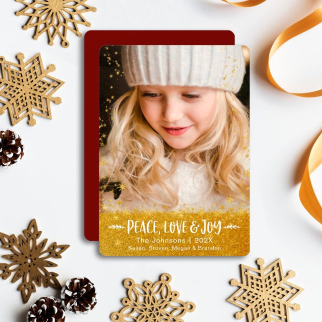 Cartes Pour Fêtes Annuelles Gold Stars Peace Love Joy Modern Script (Créateur téléchargé)