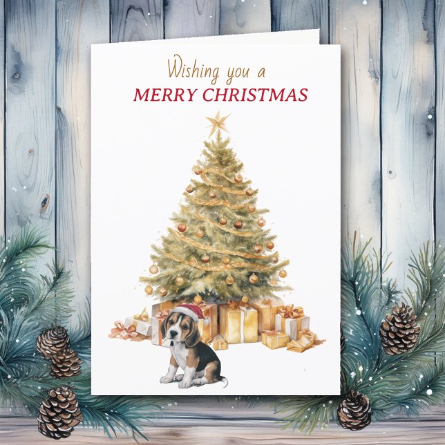 Cartes Pour Fêtes Annuelles Gold Tree Beagle Puppy Christmas Card (Créateur téléchargé)