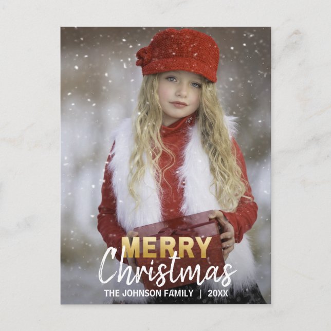 Cartes Pour Fêtes Annuelles Gold White Joyeux Noël Famille | PHOTO (Devant)